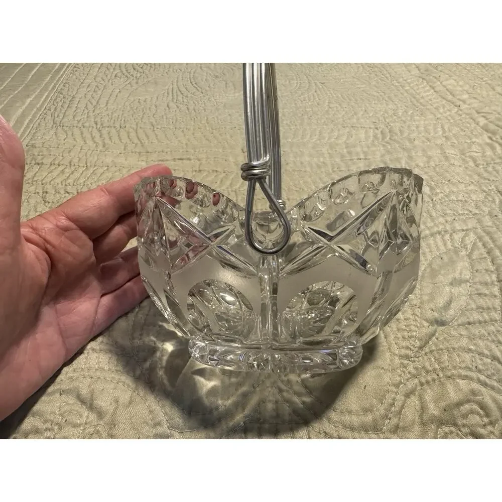 Vintage Crystal Bowel Dish with Silver Tone Handle Basket
